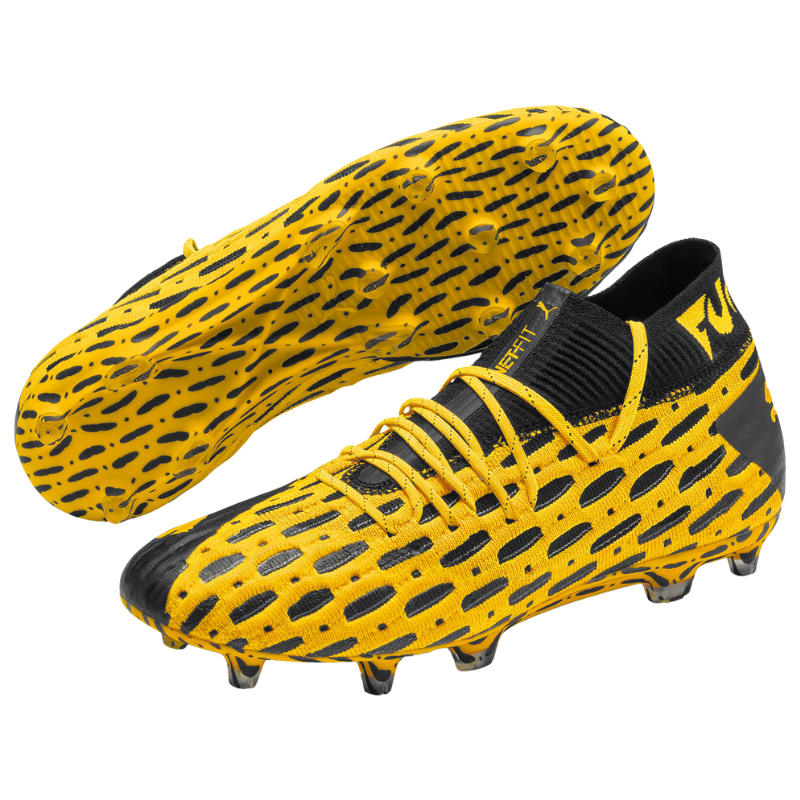Puma Future 5.1 Netfit Firm Ground Soccer Cleats Junior Yellow/Black bottom pointing to the upper-right and side pointing to the lower-left