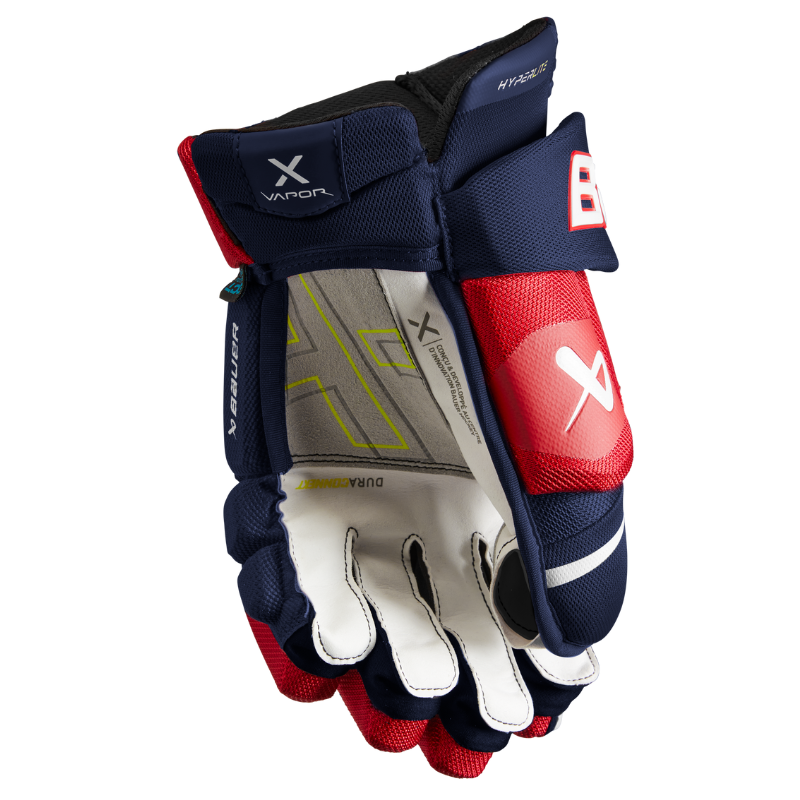 Bauer Vapor Hyperlite Hockey Gloves Senior 2022 navy/red/white front (palm) of one glove