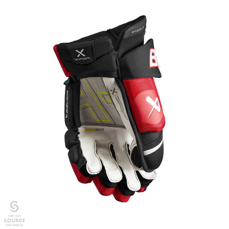 Bauer Vapor Hyperlite Hockey Gloves Senior 2022 black/red front (palm) of one glove
