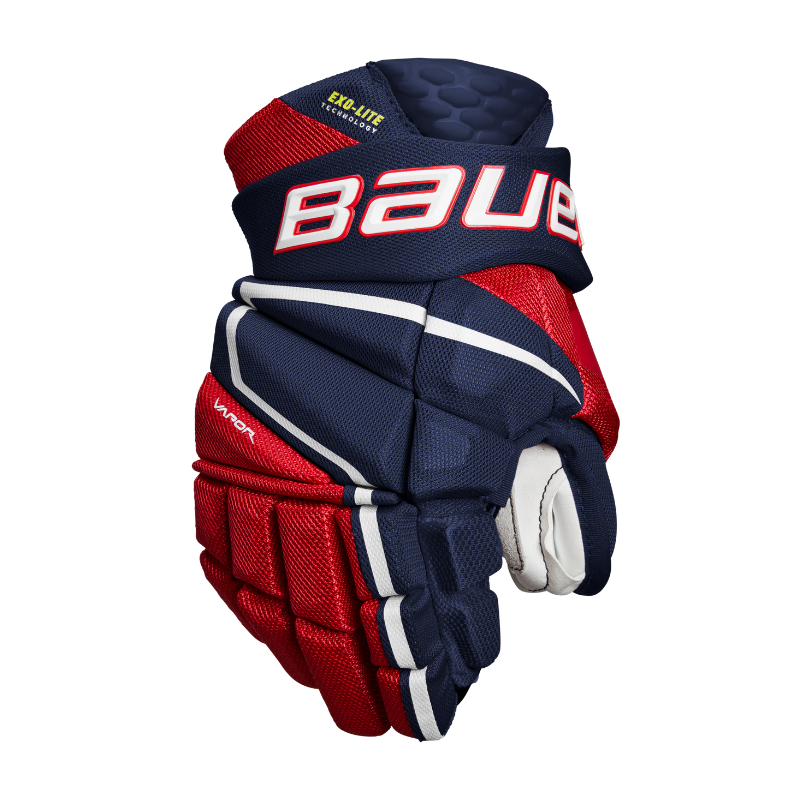 Bauer Vapor Hyperlite Hockey Gloves Junior 2022 avy/red/white back of right glove