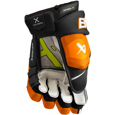Bauer Vapor Hyperlite MTO Hockey Gloves Junior 2022 black/orange front (palm) of one glove