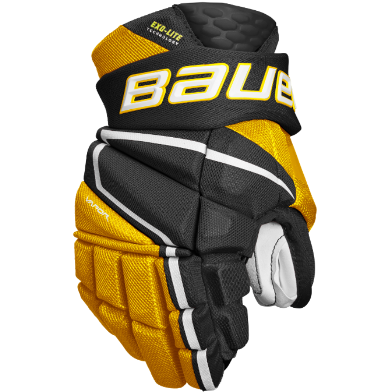Bauer Vapor Hyperlite MTO Hockey Gloves Junior 2022 black/gold back of one glove
