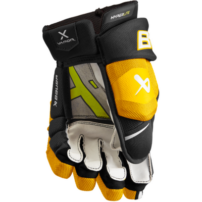 Bauer Vapor Hyperlite MTO Hockey Gloves Junior 2022 black/gold front (palm) of one glove