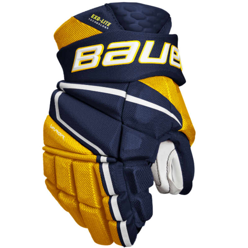 Bauer Vapor Hyperlite MTO Hockey Gloves Junior 2022 navy/gold back of one glove