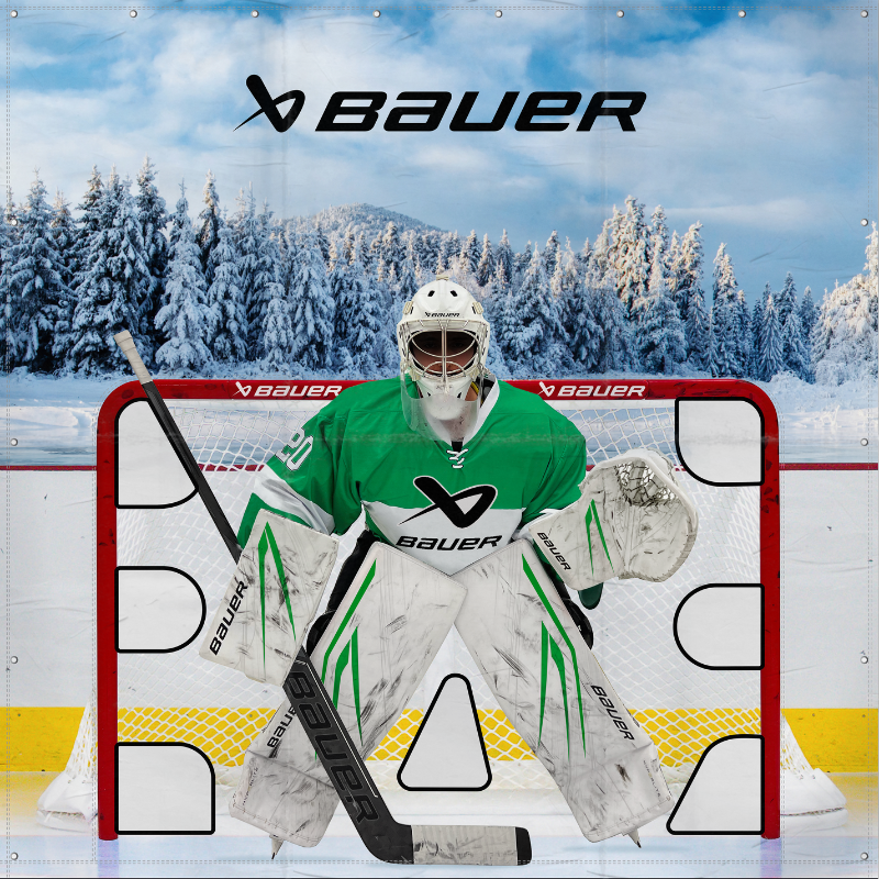 Bauer Reactor Shooting Tarp 2024 goalie in regular stance with 6 white and black targets to the left and right, and one between their legs