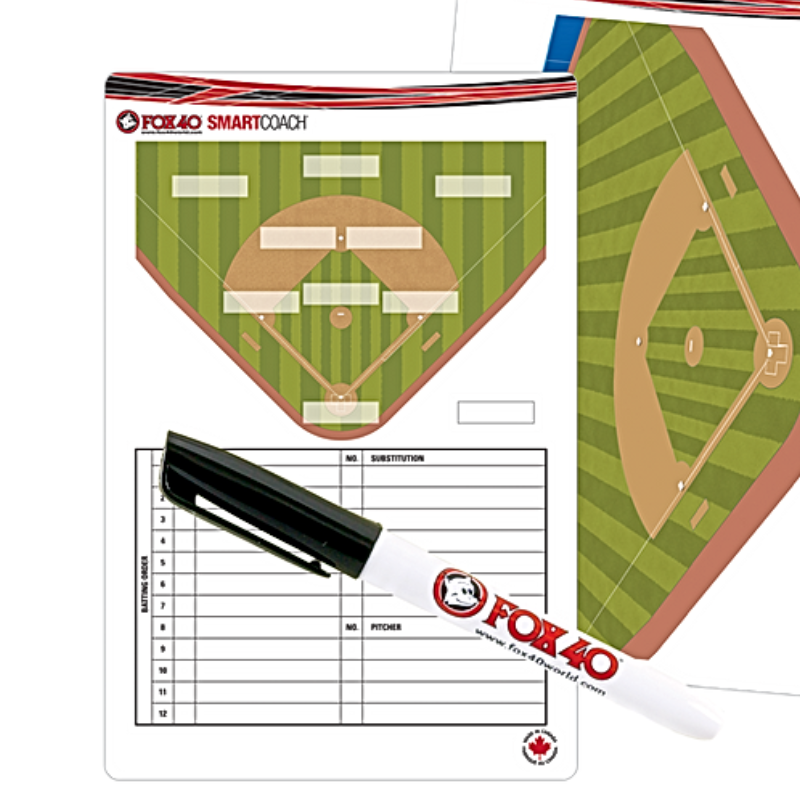 Fox 40 Smartcoach Pro Baseball Clipboard side with 2D field view and player name chart showing dry-erase marker
