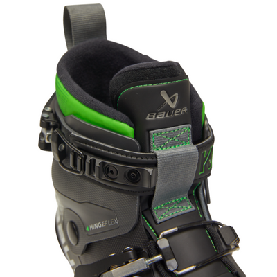 Bauer Goalie Skates Bauer Konekt (2022) Senior Black close-up of tongue, secured with strap, facing bottom right