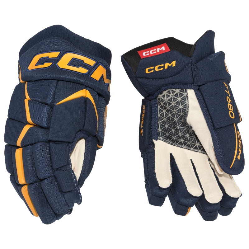 CCM Hockey Protective Gear CCM JetSpeed FT680 Hockey Gloves Junior Navy Sunflower