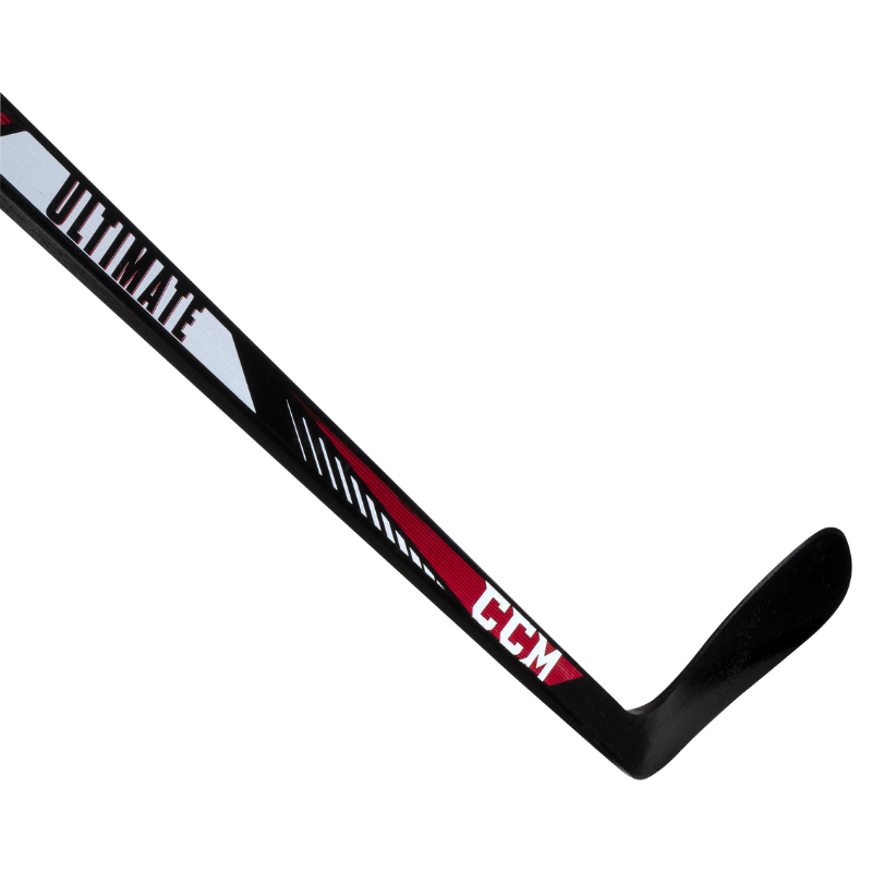 CCM Hockey Sticks CCM HSULT Ultimate Wood (2018) Senior Black/Red/White diagonal close-up of shaft with blade pointing to the upper-right