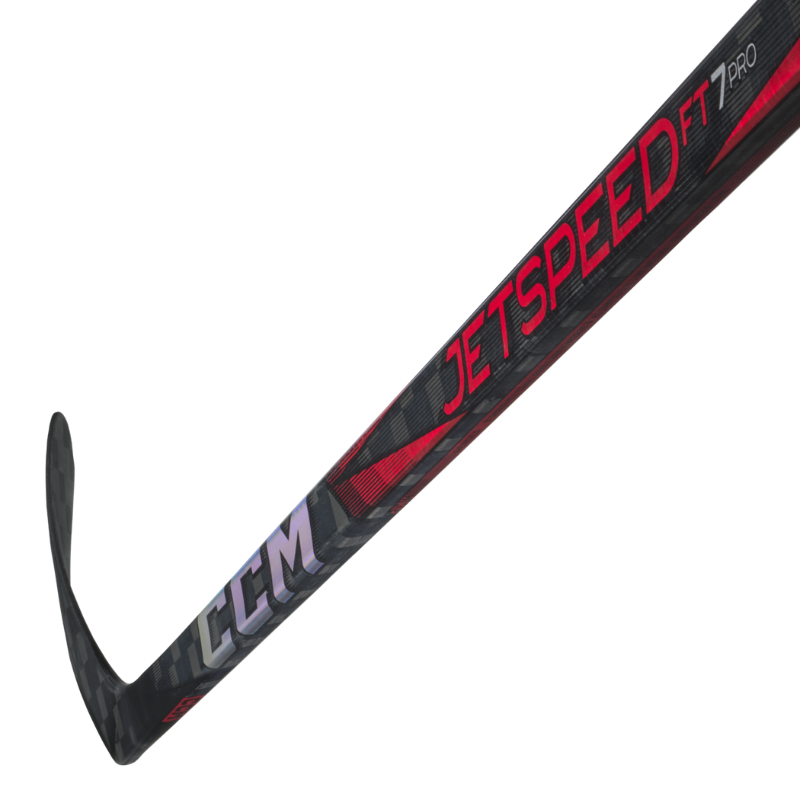 CCM Hockey Sticks CCM JetSpeed FT7 Pro (2024) Senior Black/Red side diagonal close-up of shaft with blade pointing up