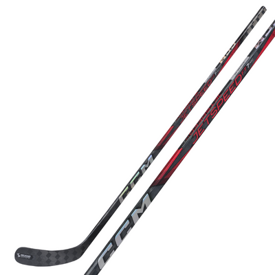 CCM Hockey Sticks CCM JetSpeed FT7 Pro (2024) Senior Black/Red side diagonal with blade pointing left, and close-up of shaft