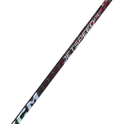 CCM Hockey Sticks CCM Jetspeed FT5 Pro (2022) Intermediate Black/Red side diagonal close-up of shaft showing 'CM' (from CCM), 'JETSPEED FT5 PRO'