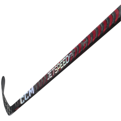 CCM Hockey Sticks CCM Jetspeed FT5 Pro (2022) Intermediate Black/Red side diagonal close-up of shaft with blade pointing up