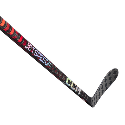 CCM Hockey Sticks CCM Jetspeed FT5 Pro (2022) Intermediate Black/Red side diagonal close-up of shaft with blade pointing to the upper-right