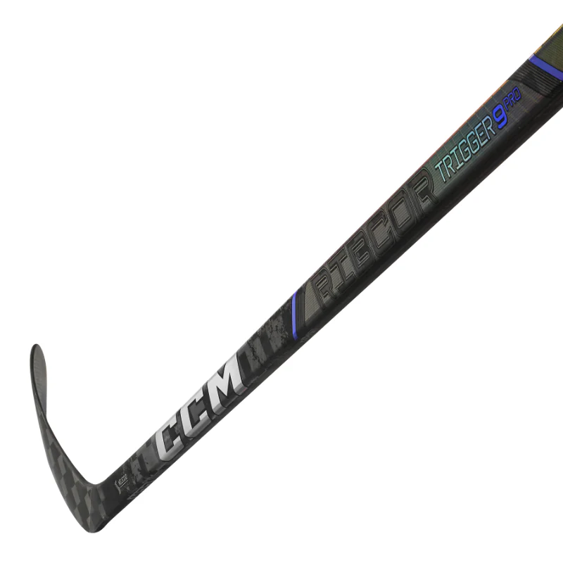 CCM Hockey Sticks CCM Ribcor Trigger 9 Pro (2024) Senior Black/Gray diagonal close-up of shaft with blade pointing to the upper-left