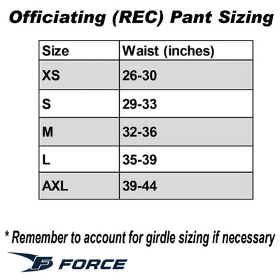 Force Officiating Pants Force Recreational Referee Hockey Pants Senior Size Chart