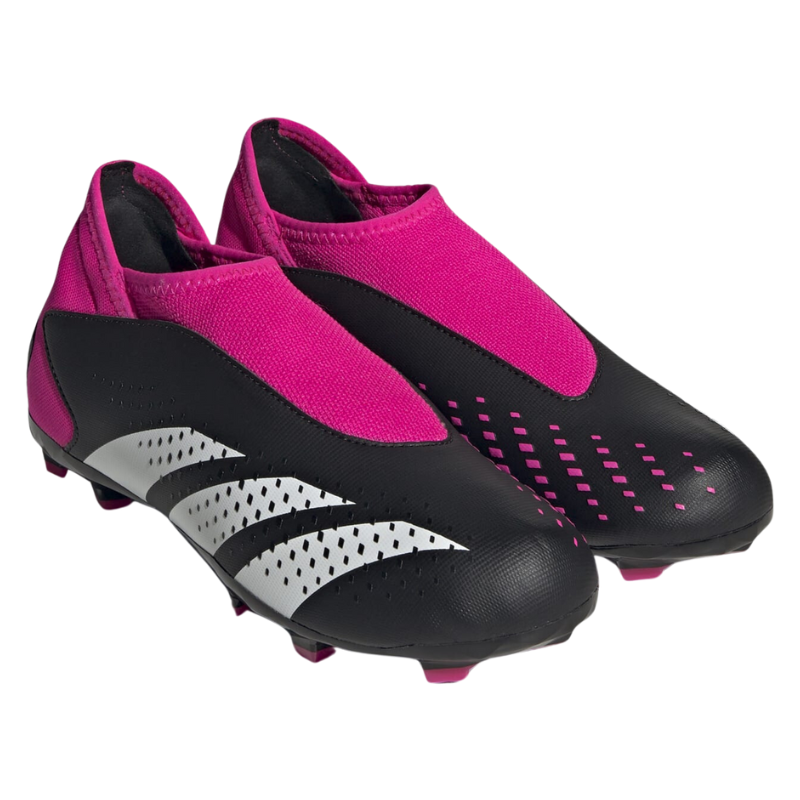 Adidas Predator Accuracy.3 Laceless Firm Ground Soccer Cleats Junior Core Black/Cloud White/Team Shock Pink 2 side/front of both shoes pointing to the lower-right