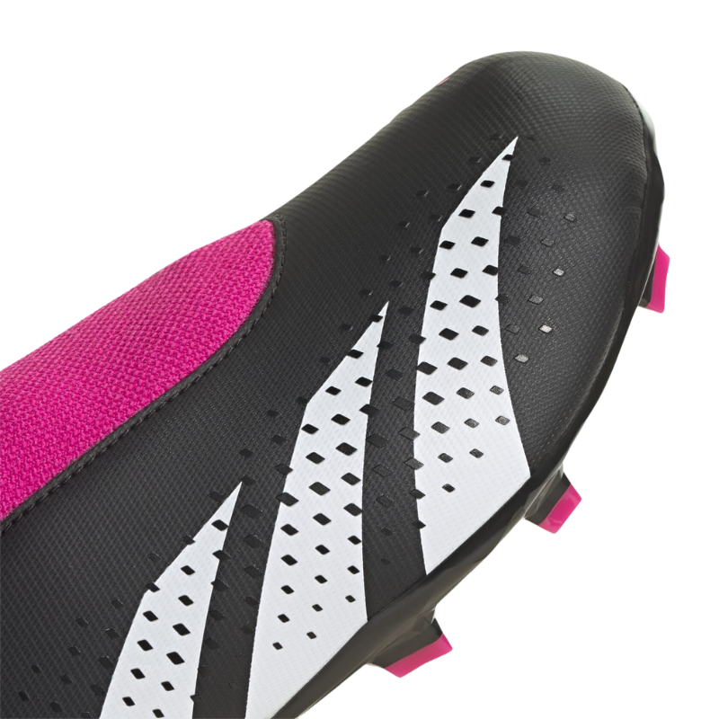 Adidas Predator Accuracy.3 Laceless Firm Ground Soccer Cleats Junior Core Black/Cloud White/Team Shock Pink 2 close-up showing logo and forward half of shoe