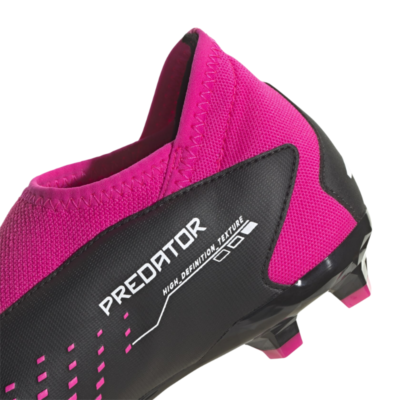 Adidas Predator Accuracy.3 Laceless Firm Ground Soccer Cleats Junior Core Black/Cloud White/Team Shock Pink 2 close-up showing logo and back half of shoe