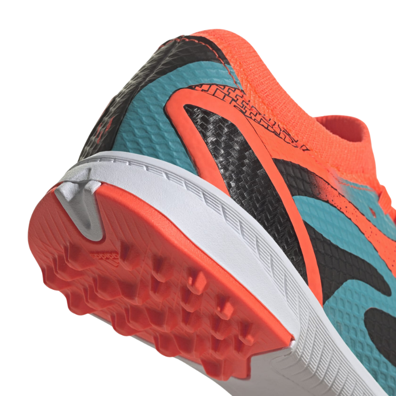 Adidas X Speedportal Messi.3 Soccer Turf Boots Orange/Black/Green/White Junior close-up of back half of side pointing to the lower-right
