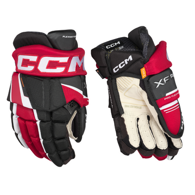 CCM Tacks XF Pro Hockey Gloves Junior 2024 black/red/white back of right glove and front (palm) of left glove
