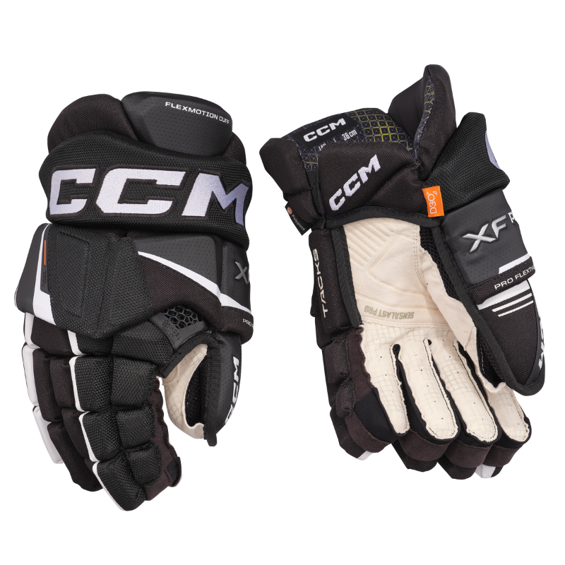 CCM Tacks XF Pro Hockey Gloves Junior 2024 black/white back of right glove and front (palm) of left glove