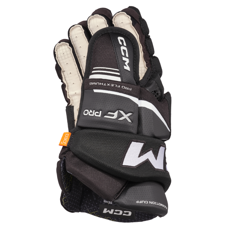 CCM Tacks XF Pro Hockey Gloves Junior 2024 black/white side showing thumb of right glove