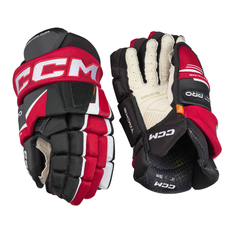 CCM Tacks XF Pro Hockey Gloves Junior 2024 black/red/white back of left glove and front (palm) of right glove