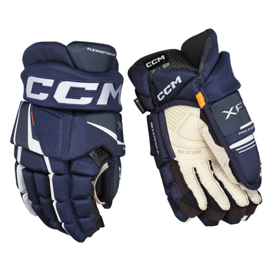 CCM Tacks XF Pro Hockey Gloves Junior 2024 navy/white back of right glove and front (palm) of left glove