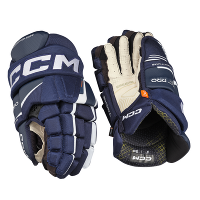 CCM Tacks XF Pro Hockey Gloves Junior 2024 navy/white back of left glove and front (palm) of right glove