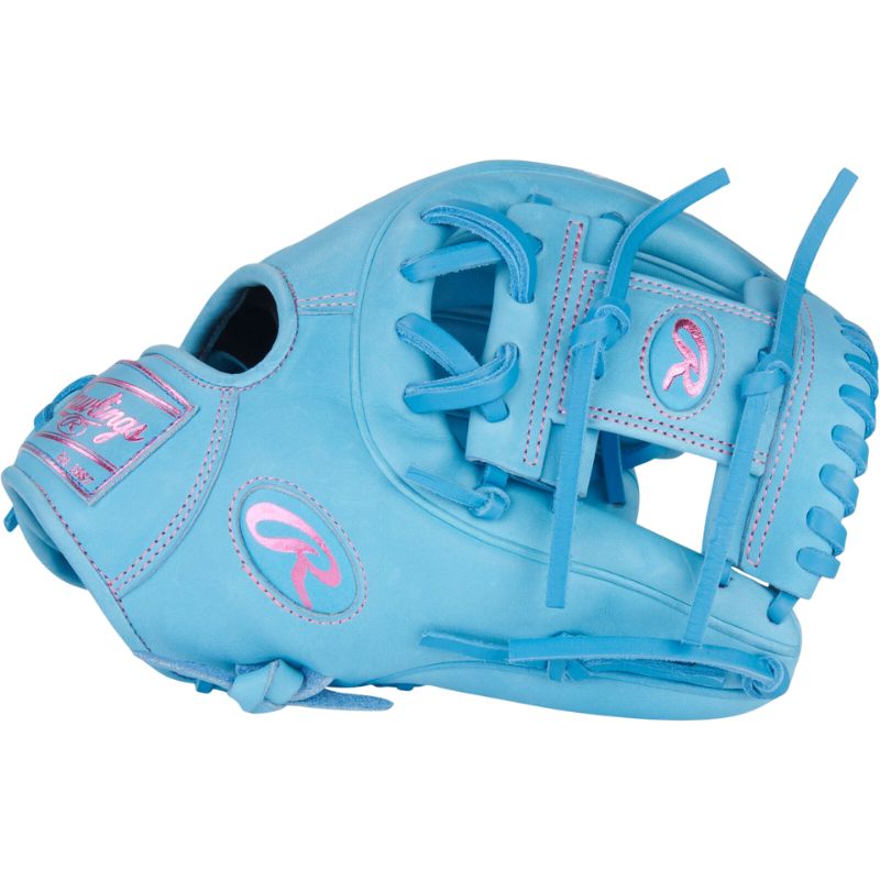 Rawlings Baseball Gloves Rawlings Heart of the Hide 11.5-inch Columbia Blue Infield Adult Blue/Pink side showing webbing
