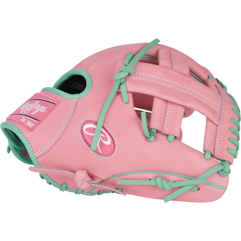 Rawlings Baseball Gloves Rawlings Heart of the Hide 11.75-inch Pink Infield Adult Pink/Mint side showing webbing