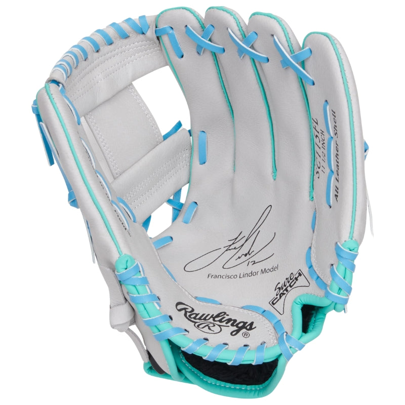 Rawlings Baseball Gloves Rawlings Sure Catch 11.5 inch Francisco Lindor Baseball Glove Youth Gray Blue Teal