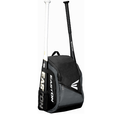 Easton Game Ready Baseball Backpack Youth black back and side carrying 2 bats