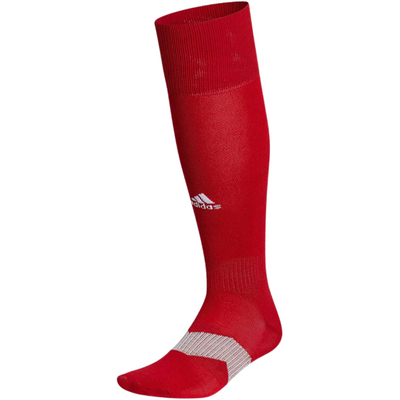 Adidas Metro OTC Soccer Socks red with 3cm wide white lined stripe widthwise on the foot and white logo on front above ankle