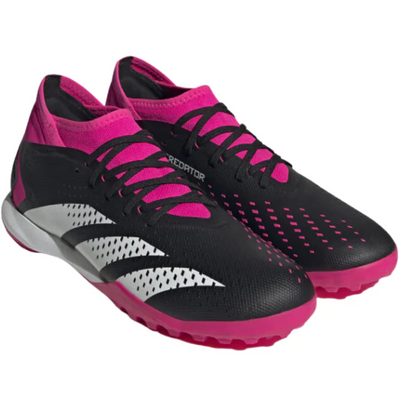 Adidas Predator Accuracy.3 Soccer Turf Boots Black/White/Pink Junior side/front of both shoes pointing to the lower-right