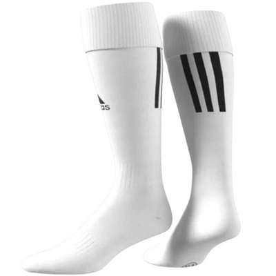 Adidas Santos 18 Soccer Socks White both socks black adidas logo in front triple black vertical stripes on back