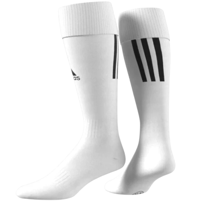 Adidas Santos 18 Soccer Socks White both socks black adidas logo in front triple black vertical stripes on back