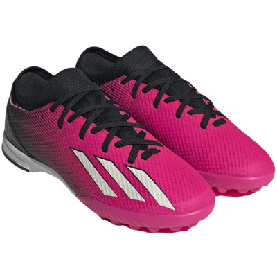 Adidas X Speedportal.3 Soccer Turf Boots Pink/Metallic/Black Junior side/front of both shoes pointing to the lower-right