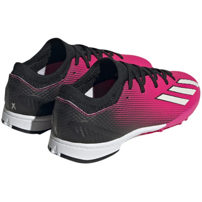 Adidas X Speedportal.3 Soccer Turf Boots Pink/Metallic/Black Junior side/back of both shoes pointing to the upper-right