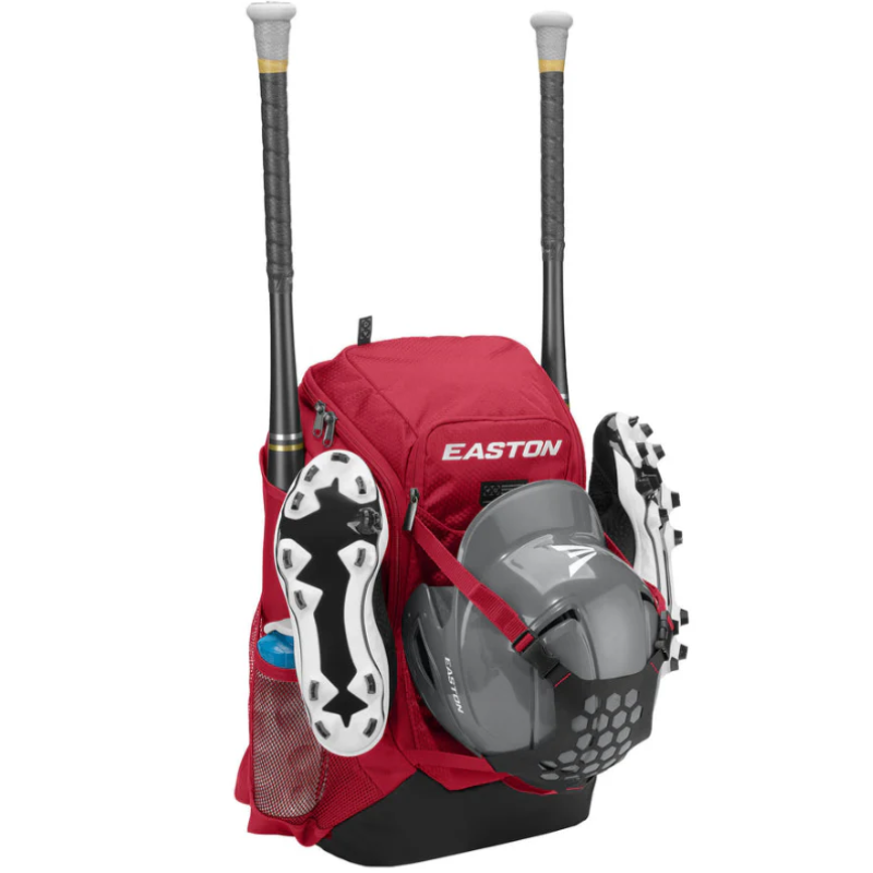 Easton Walk-Off NX Baseball Backpack 2023  red front with 2 bats, shoes, water bottle, helmet attached to the outside