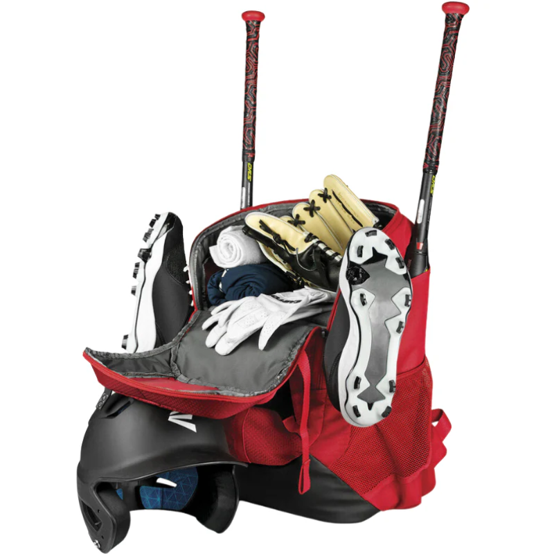 Easton Walk-Off NX Baseball Backpack 2023  red front with 2 bats, shoes attached to the outside showing main compartment open with gloves and clothes showing, helmet in front of bag