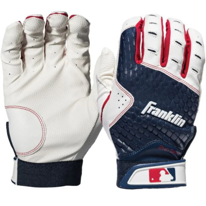 Franklin MLB 2nd Skinz Batting Gloves Adult White/Navy front (palm) and back