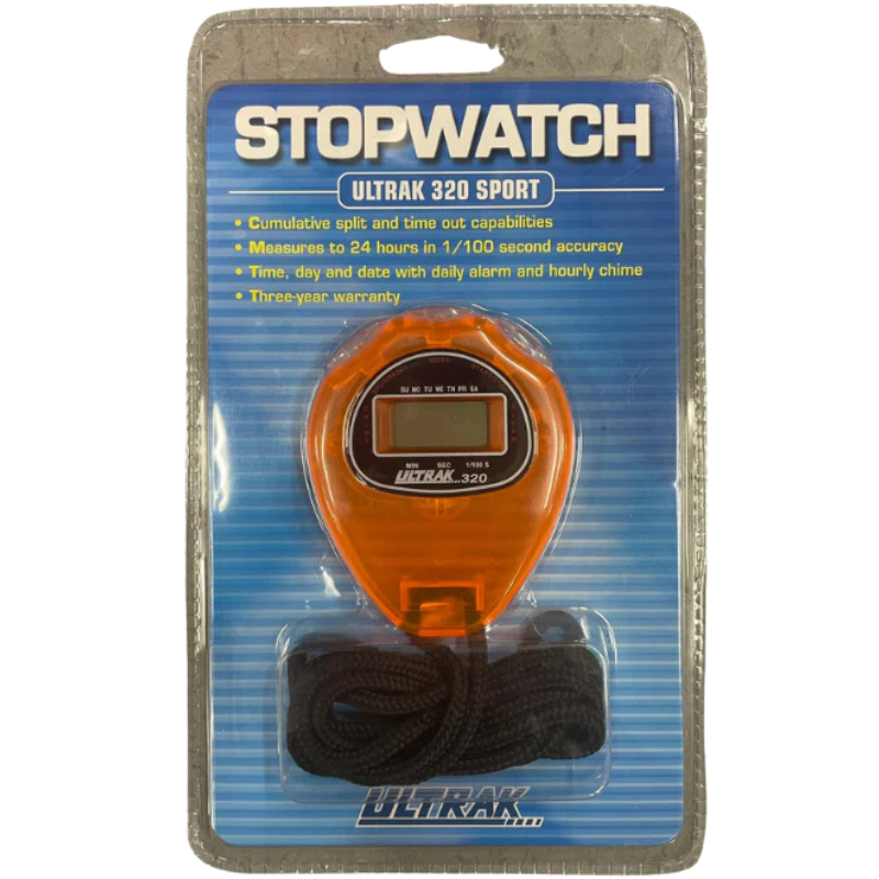 Lowry Stop Watch With Lanyard in clear plastic packaging Orange