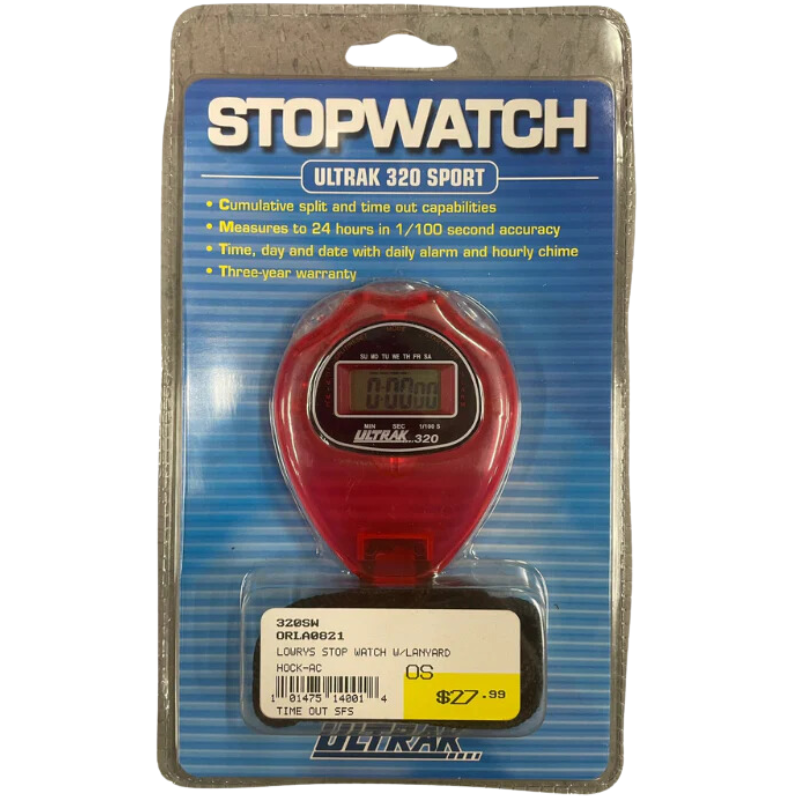Lowry Stop Watch With Lanyard in clear plastic packaging Red