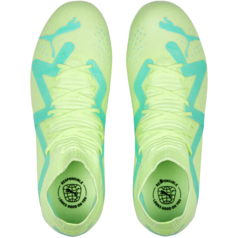 Puma Future Match FG/AG Soccer Cleats Junior Fast Yellow/Puma Black/Electric Peppermint top of both shoes pointing up