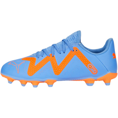 Puma Future Play FG/AG Soccer Cleats Junior Blue Glimmer/PUMA White/Ultra Orange side pointing left