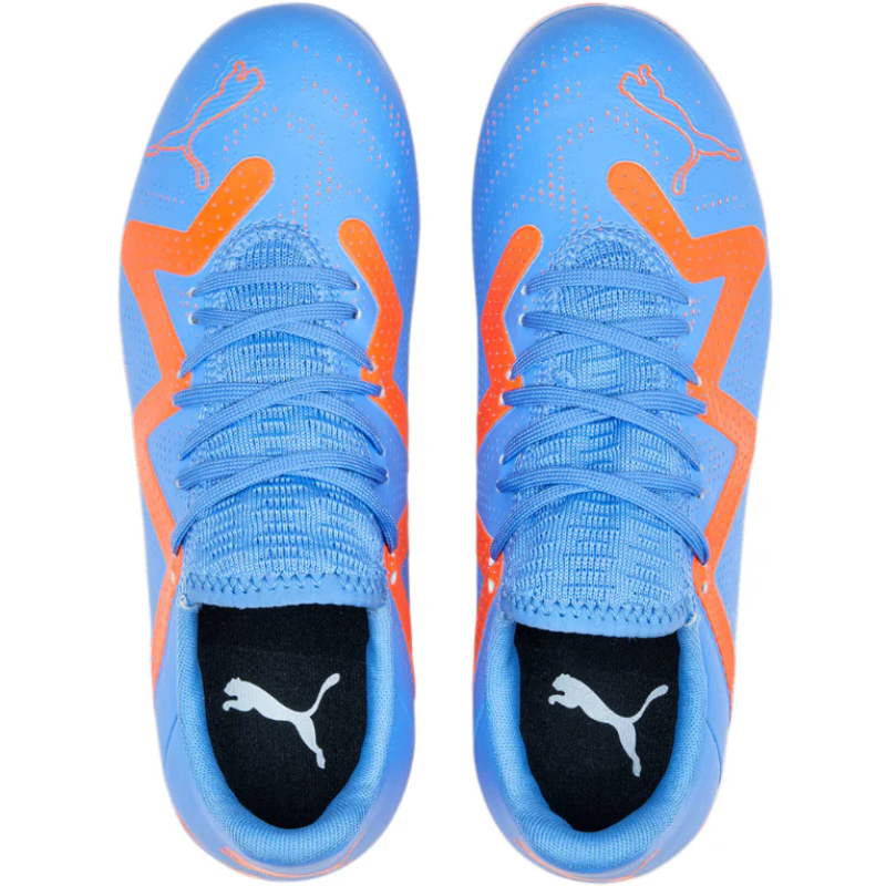 Puma Future Play FG/AG Soccer Cleats Junior Blue Glimmer/PUMA White/Ultra Orange top of both shoes pointing up