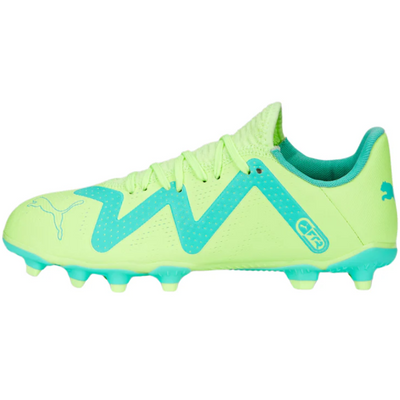 Puma Future Play FG/AG Soccer Cleats Junior Fast Yellow/PUMA Black/Electric Peppermint side pointing left