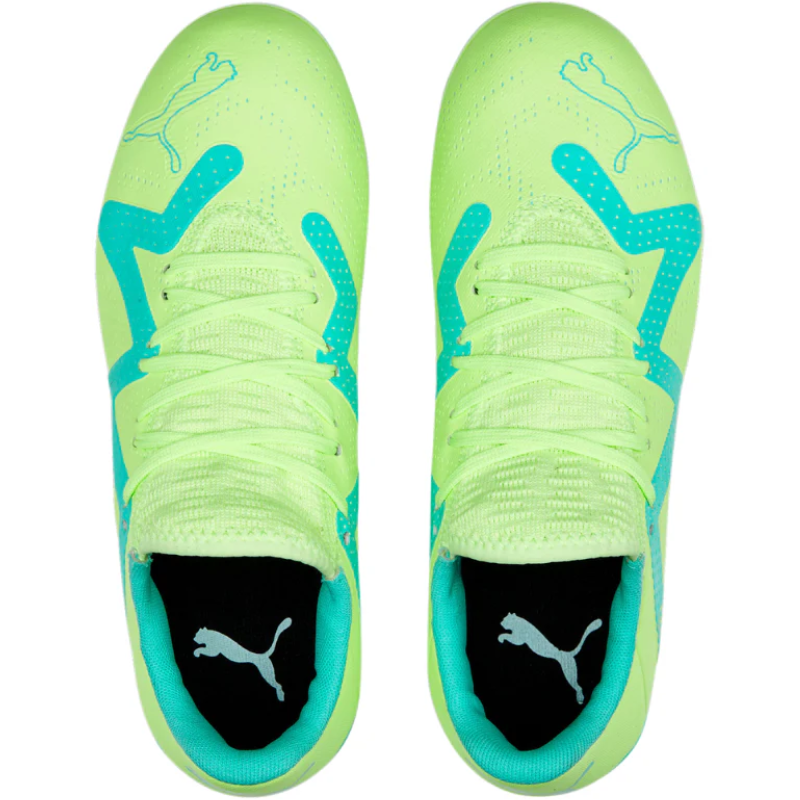 Puma Future Play FG/AG Soccer Cleats Junior Fast Yellow/PUMA Black/Electric Peppermint top of both shoes pointing up